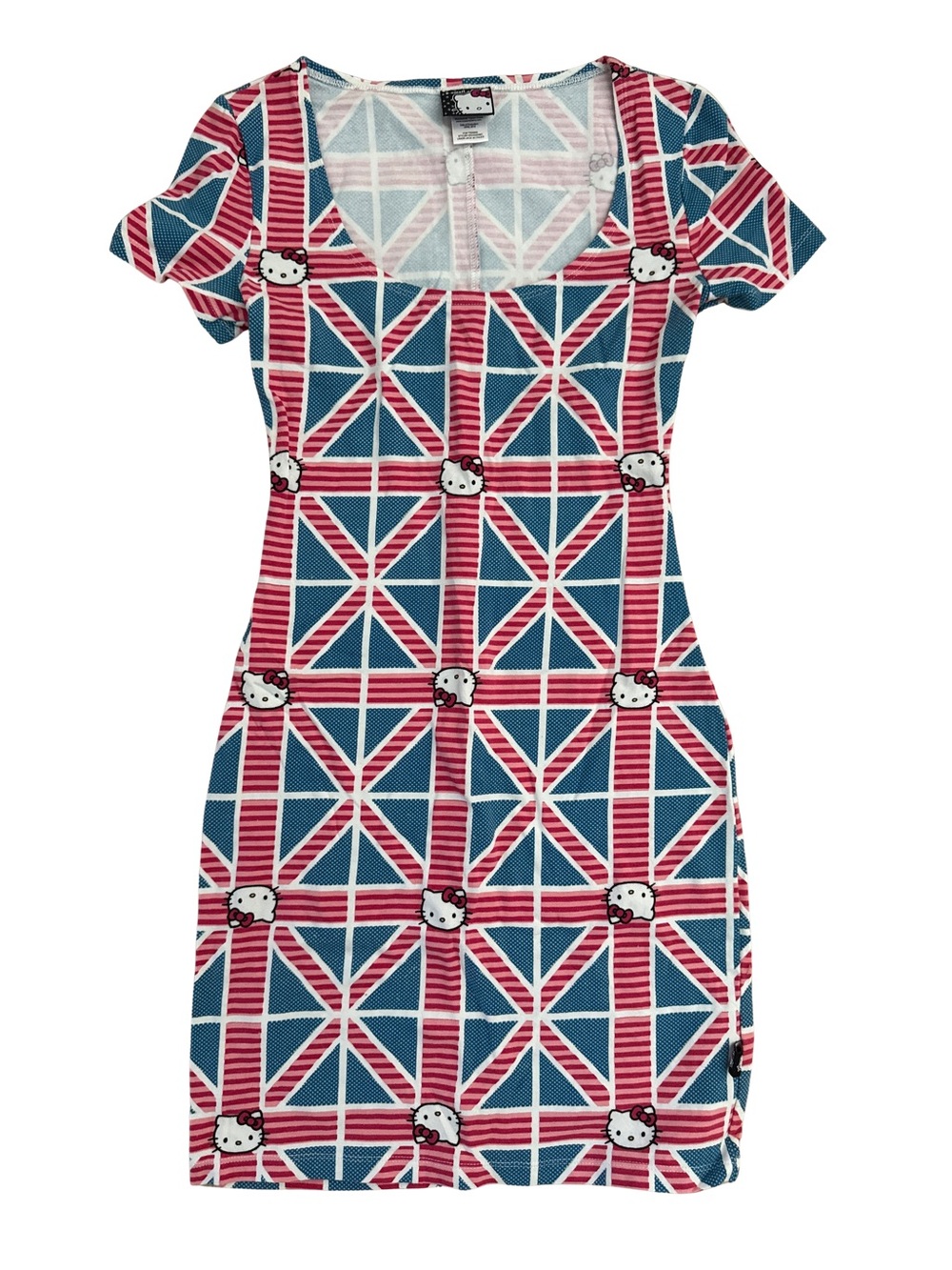 NWOT Hello Kitty Sanrio Red, Pink & Blue Geometric Short Sleeve Dress